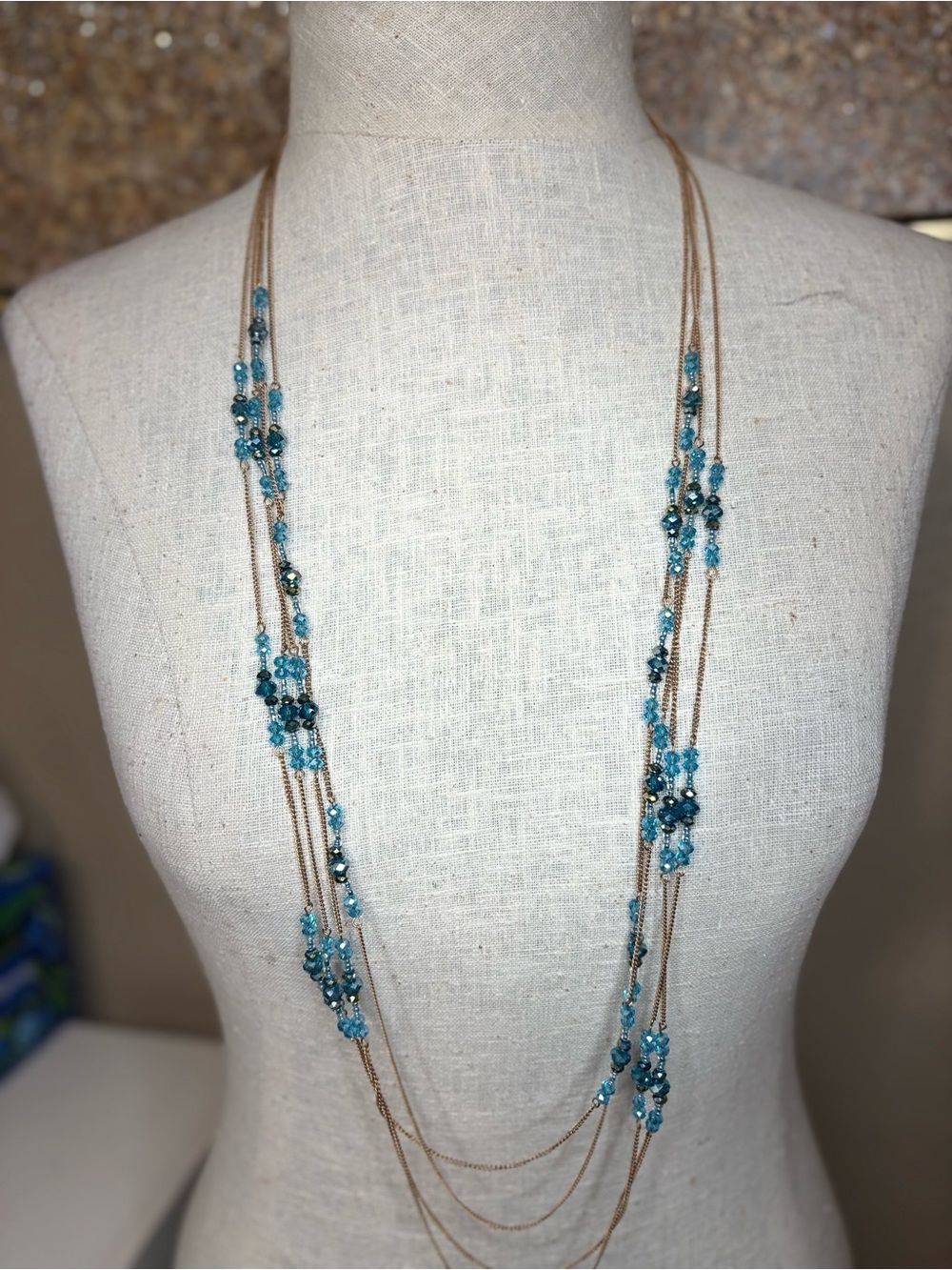 Blue Multi Strand Beaded Necklace Gold Tone Layered Statement